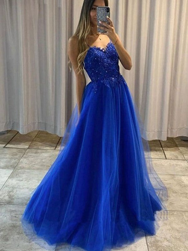 Wholesale A-Line/Princess Tulle Applique Spaghetti Straps Sleeveless Sweep/Brush Train Dresses